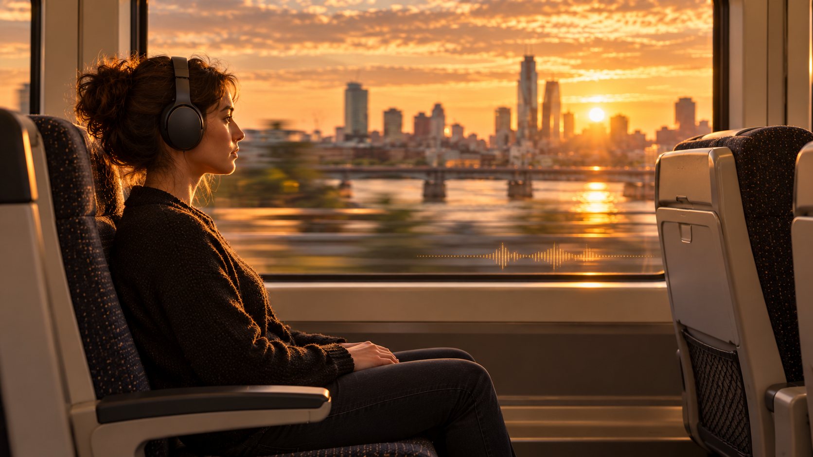 Listening to the news hands-free with headphones on a train at sunset, city skyline through the window.