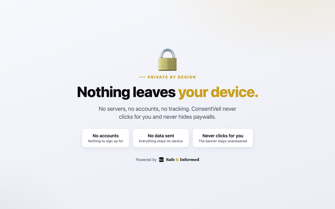 A private-by-design summary: no accounts, no data sent, and ConsentVeil never clicks for you.